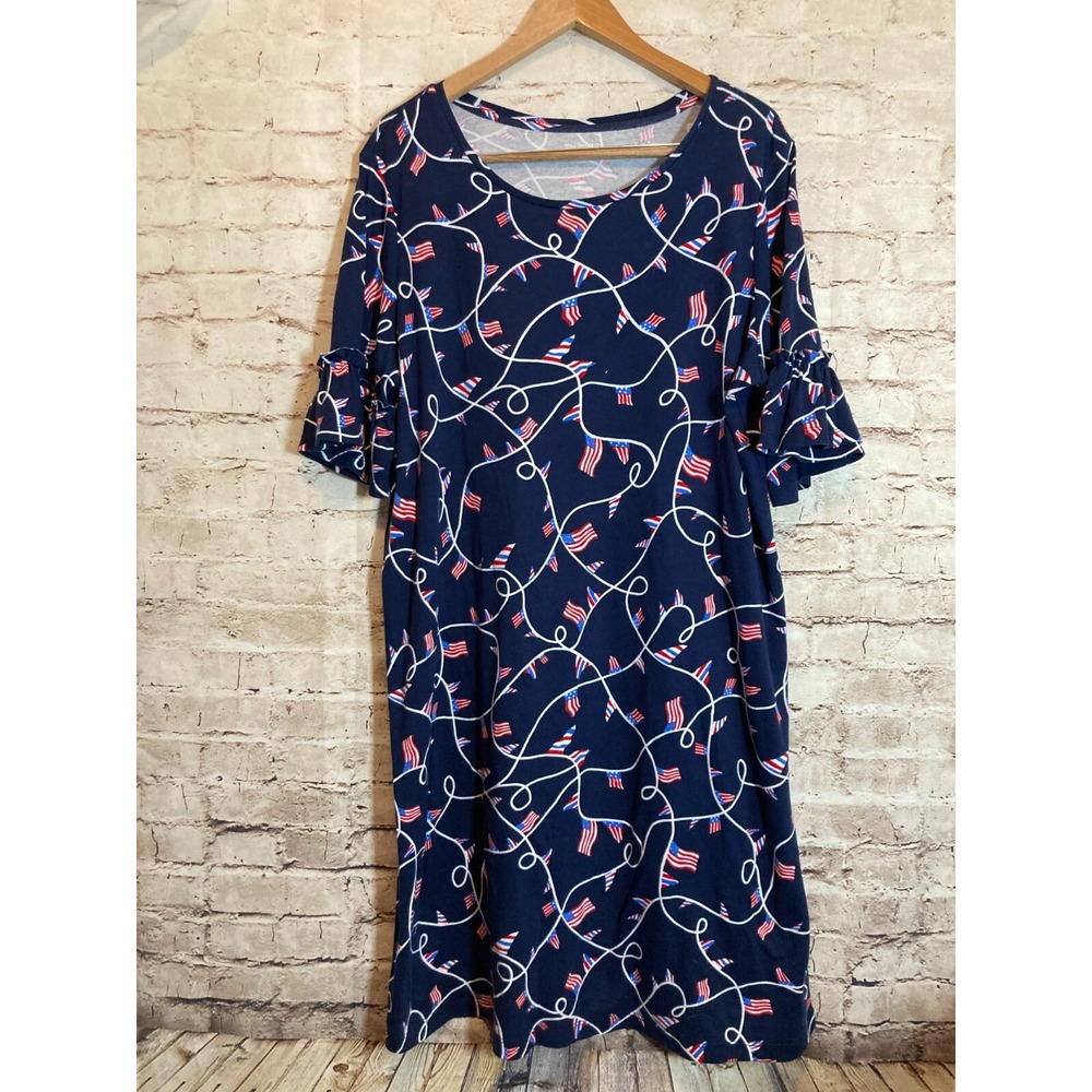 Kim Rogers T-Shirt Dress Womens XL Navy Blue American Flags Midi Stretch Ruffles